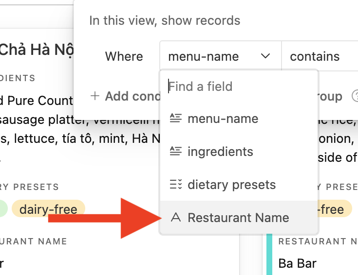 Cropped screenshot of the 'Lettuce Eat' filtering platform, with the search filter dialogue open, with a dropdown of all the filtering options and a red arrow pointing to the option that says 'Restaurant name'.